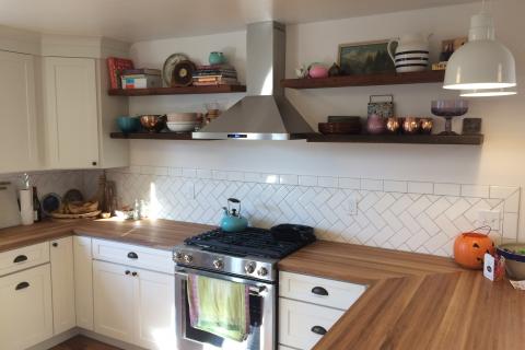 Butcher Block Counter tops With White Shaker Kitchen Cabinets Remodel Eureka Arcata Curb Appeal Construction Floating Shelves