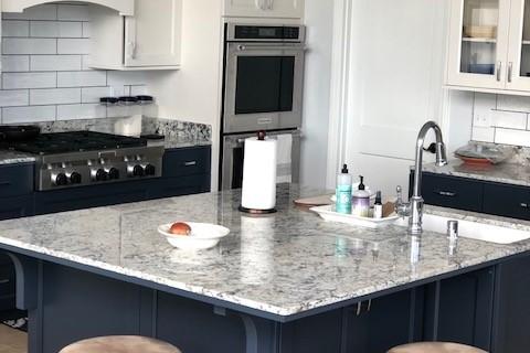 Curb Appeal Construction Eureka New Kitchen Island Shaker Cabinets Blue and White Remodel