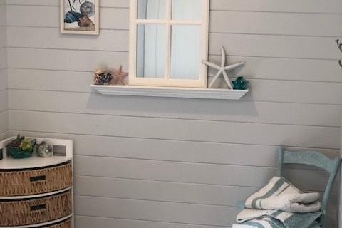 Ship Lap Siding Accent wall in Bathroom remodel Curb Appeal Construction