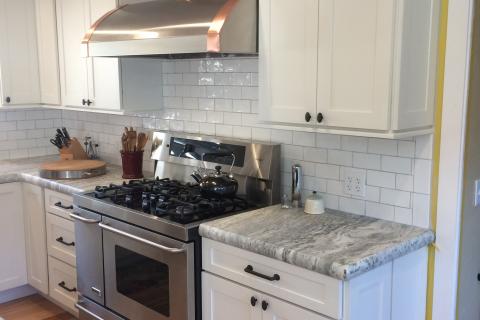 White Suway Tile White Shaker Cabinets Custom Hood Vent With Coper Curb Appeal Construction